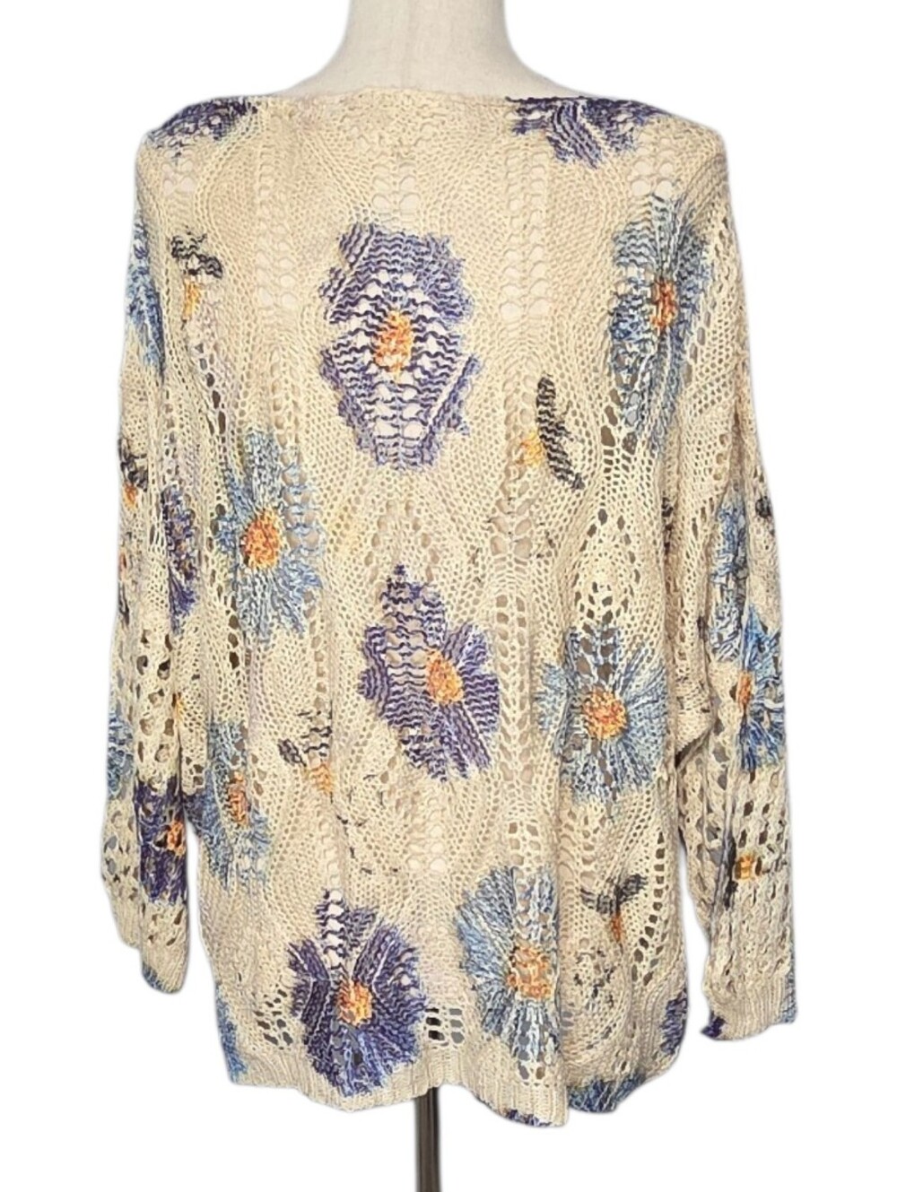 Cream Open Knit Sweater Blue Floral Print Oversized Lightweight Boho Summer Top - Picture 3 of 7